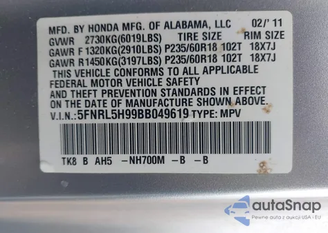 2011 Honda Odyssey Touring/Touring Elite from USA, damaged, VIN 5FNRL5H99BB049619
